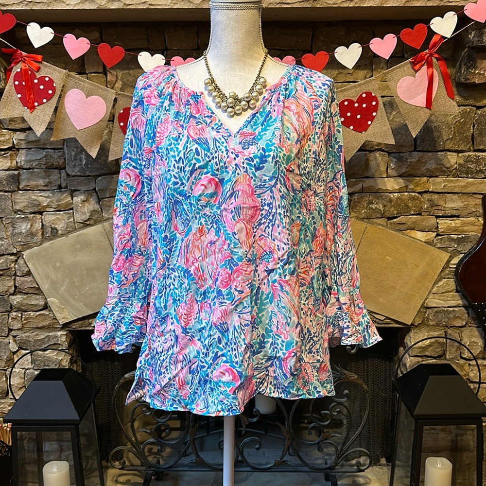 NWT Lilly Pulitzer Willa Flounce Sleeve Top in Treasure Trove Size XL